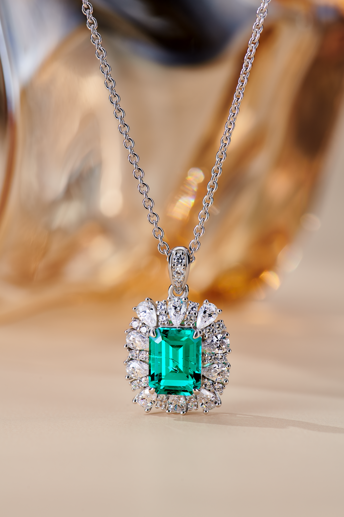 halo lab grown Emerald necklace