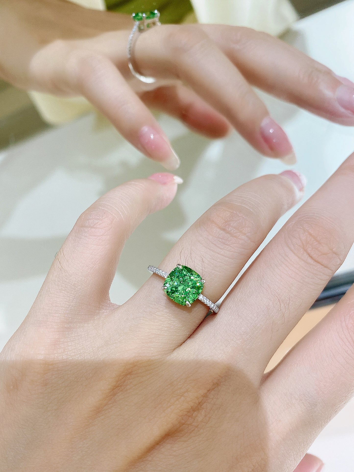 cushion cut green diamond ring